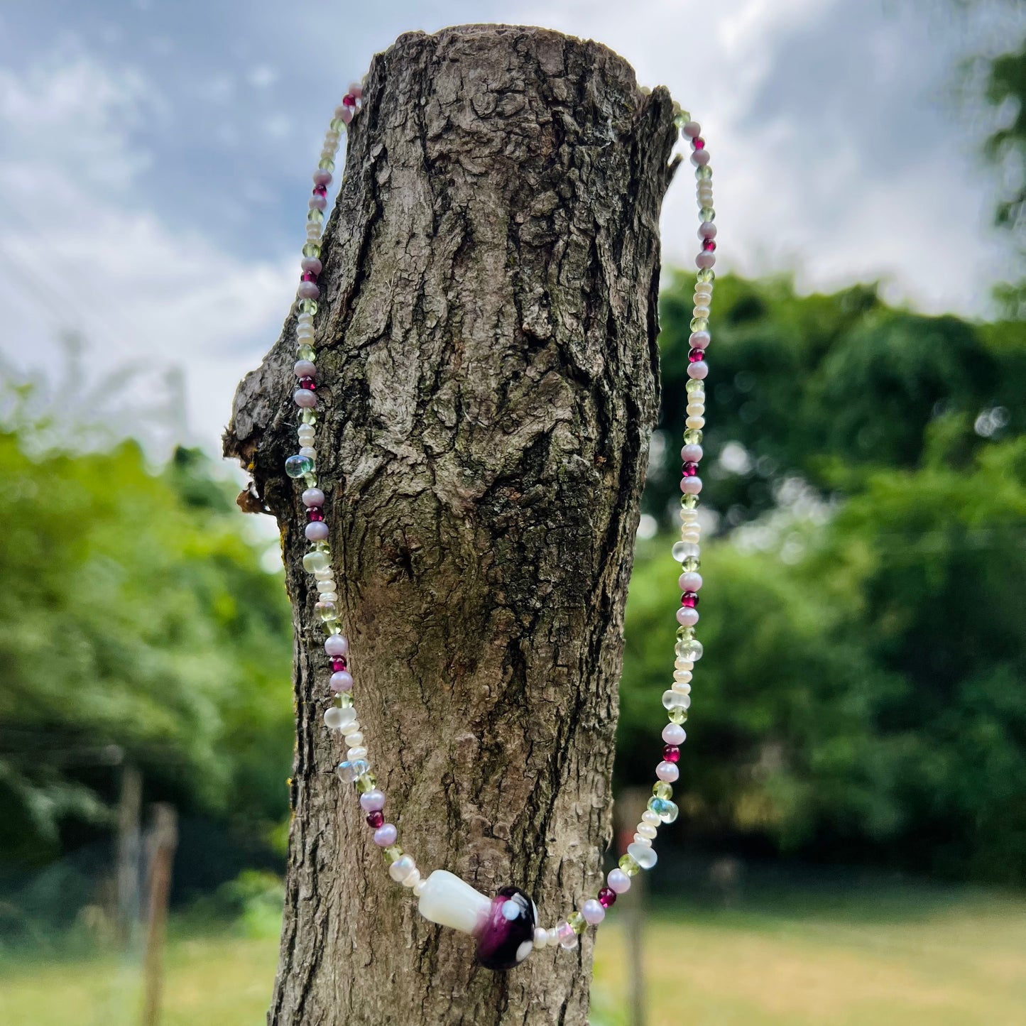 Fairycore Purple pastel pearl & mushroom beaded necklace choker fairy amethyst