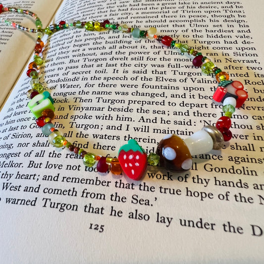 Cottagecore mushroom & fruit beaded necklace red brown green yellow
