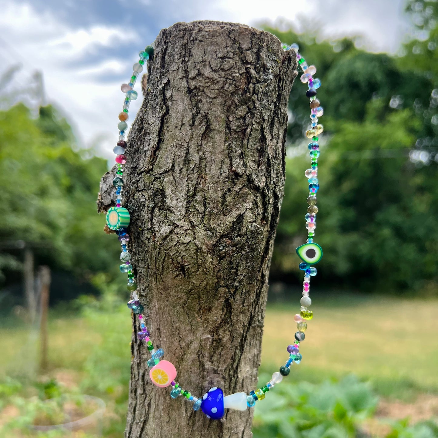 Fairycore mushroom & fruit beaded necklace blue green pink choker